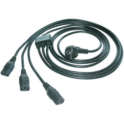 Winkel-Schukostecker an 3x Kaltgerätekupplung, 3,00m schwarz