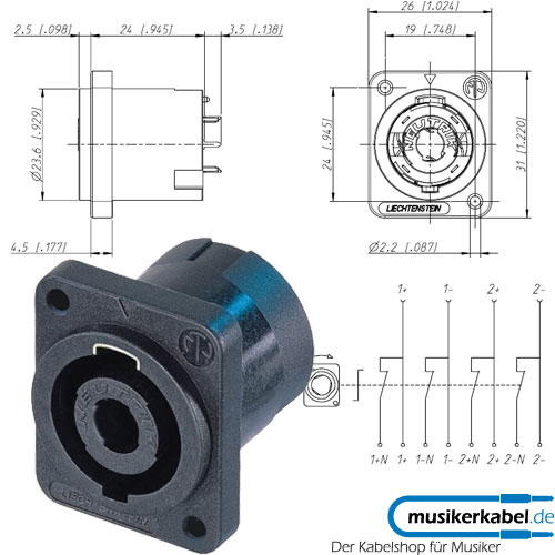 Neutrik NL4MD-V-S Neutrik speakON-Buchse 4pol D-Form vertikale Printmontage A-Screw Schaltkontakte