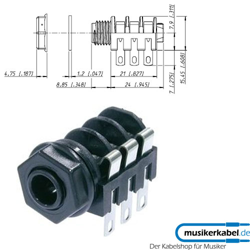 Neutrik NMJ6HF-S Neutrik Klinkenbuchse M-Serie stereo geschaltet horizontal Vollgewinde Lötanschluß