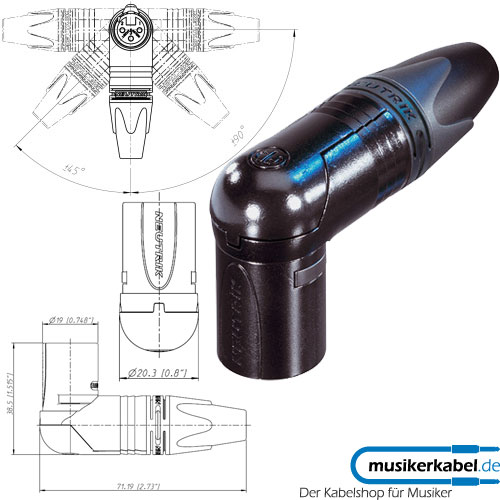 Neutrik NC4MRX-B Neutrik XLR-Stecker RX-Serie 4pol male, gewinkelt, schwarz, Kontakte vergoldet