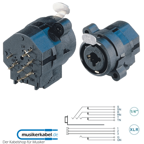 Neutrik NCJ10FI-V Neutrik Combo Serie stereo, Schaltkontakte, Schaltmasse, vertikale Printmontage, push Verriegelung