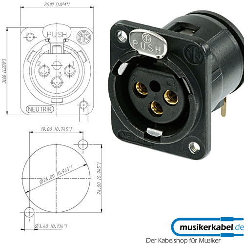 Neutrik NC3FDM3-H-B Neutrik XLR-Buchse D-Serie 3pol female schwarz, Kontakte vergoldet, horizontal, M3