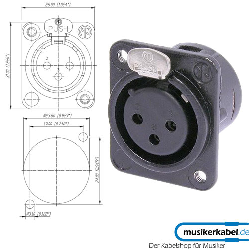 Neutrik NC3FDM3-L-B-1 Neutrik XLR-Buchse DL-Serie 3pol female schwarz, Kontakte vergoldet, löt, M3