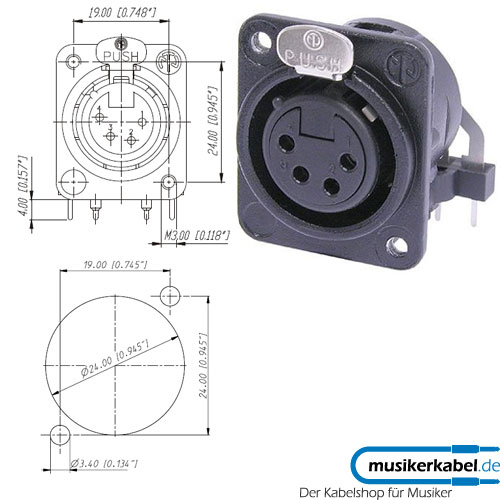 Neutrik NC4FDM3-H-BAG Neutrik XLR-Buchse DL-Serie 4pol female schwarz, Kontakte versilbert, horizontal, M3