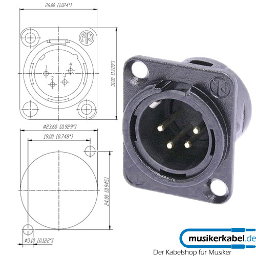 Neutrik NC4MD-L-BAG-1 Neutrik XLR-Buchse DL-Serie 4pol male schwarz, Kontakte versilbert, löt