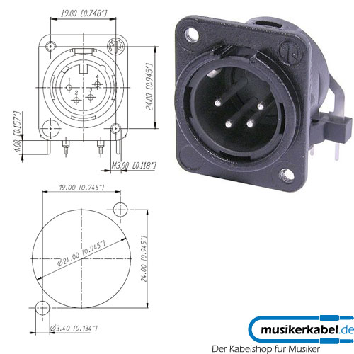 Neutrik NC4MDM3-H-BAG Neutrik XLR-Buchse DL-Serie 4pol male schwarz, Kontakte versilbert, horizontal, M3