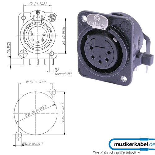 Neutrik NC5FDM3-H-BAG Neutrik XLR-Buchse DL-Serie 5pol female schwarz, Kontakte versilbert, horizontal, M3