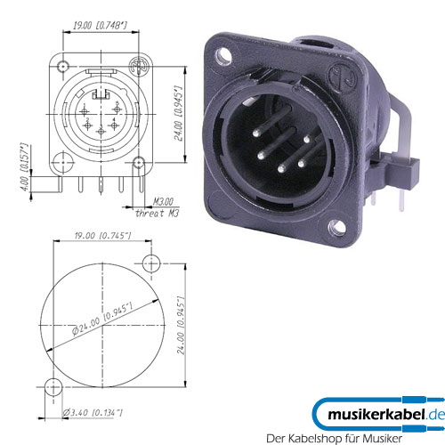 Neutrik NC5MDM3-H-BAG Neutrik XLR-Buchse DL-Serie 5pol male schwarz, Kontakte versilbert, horizontal, M3