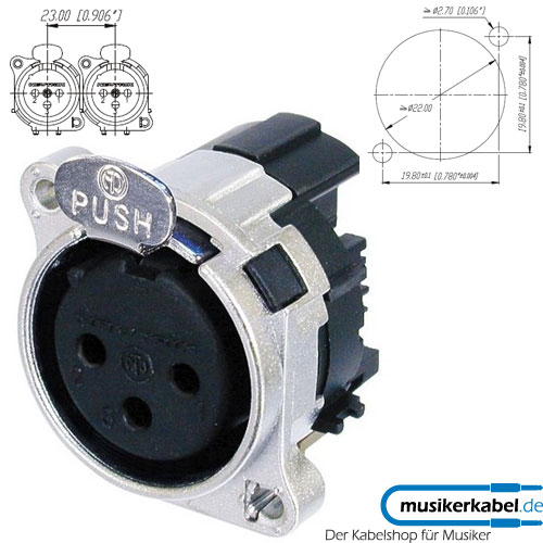 Neutrik NC3FBH1-M25 Neutrik XLR-Buchse B-Serie 3pol female horizontal, Kontakte versilbert, Gehäuse Zink M2,5-Gewinde