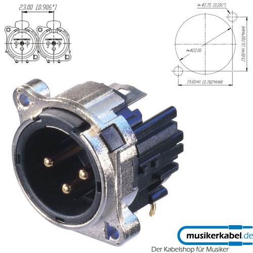 Neutrik NC3MBH-M25 Neutrik XLR-Buchse B-Serie 3pol male horizontal, Kontakte versilbert, Gehäuse Zink M2,5-Gewinde